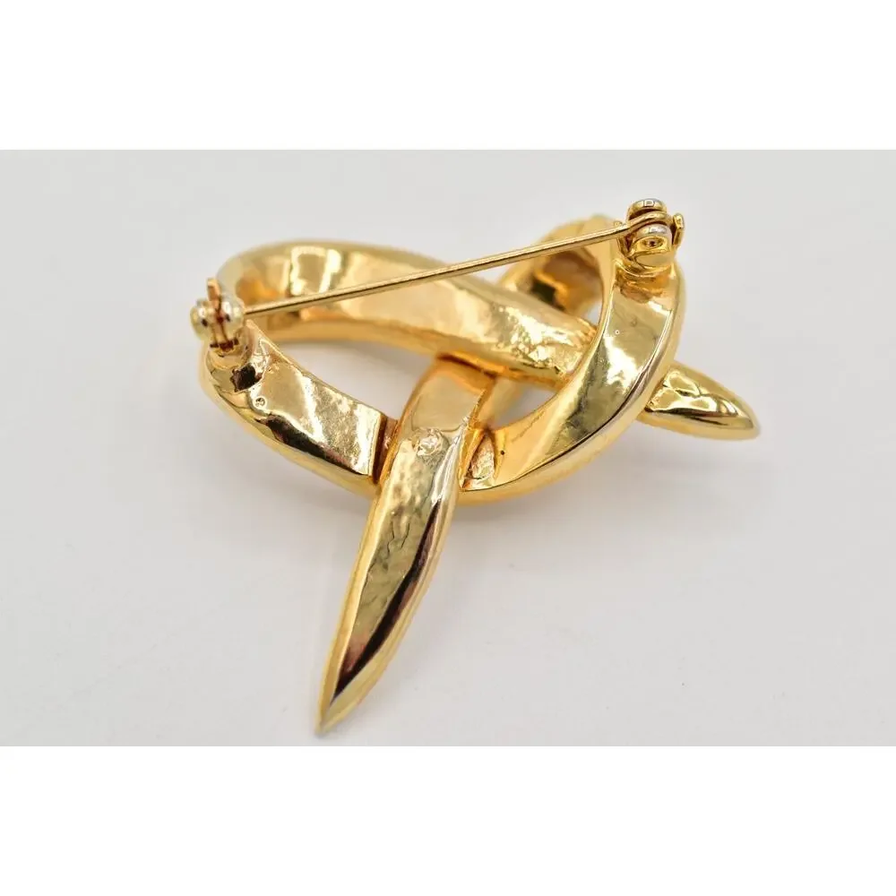 Vintage Crystal Heart Pretzel Knot Pin Brooch Baguette Rhinestone Gold 1980s 9B